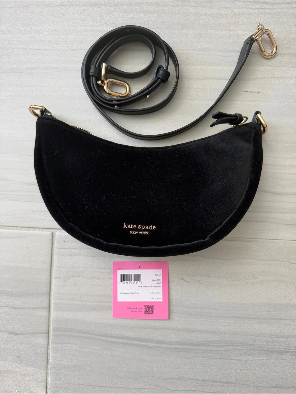 kate spade Black Velvet Crescent Crossbody with Gold Hardware